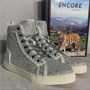 Encore by Fiesso White Silver Rhinestone Red Bottom High Top Shoes‎ Mens